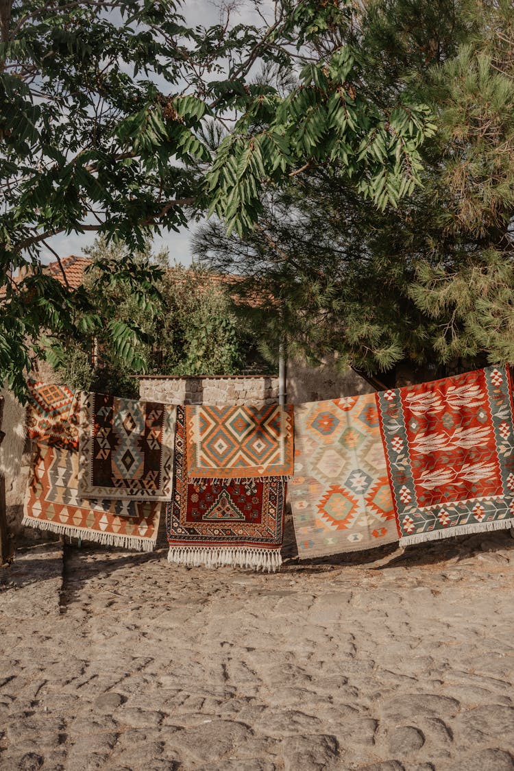 Traditional Rugs With Patterns Hanging Outside 