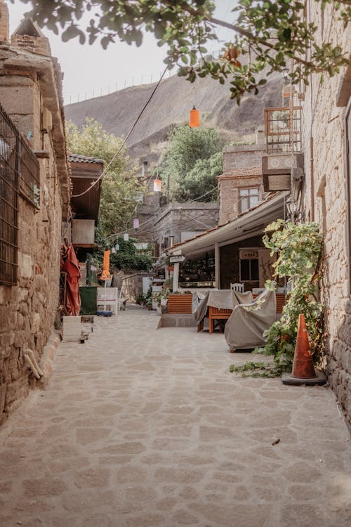 A Cobblestone Alley between Traditional Buildings in a Town