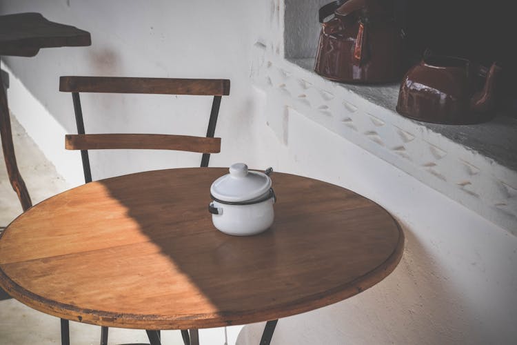 Round Brown Wooden Table And Chair