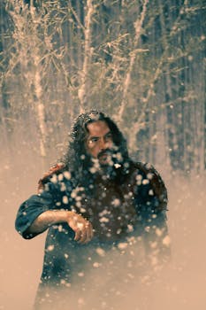 A man with long hair stands in a snowy forest, surrounded by snowfall.