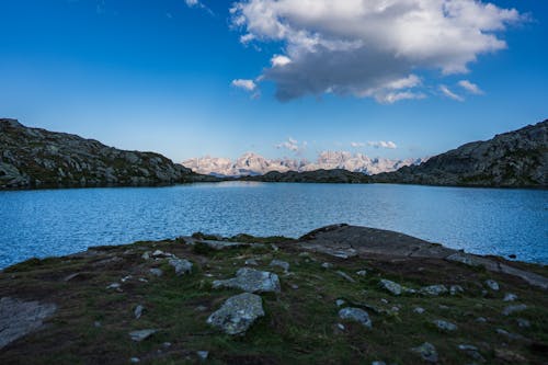 View of a Lake and Mountains under Blue Sky 