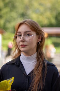Young woman with red hair and eyeglasses in outdoor setting, wearing a black blouse and white turtleneck.