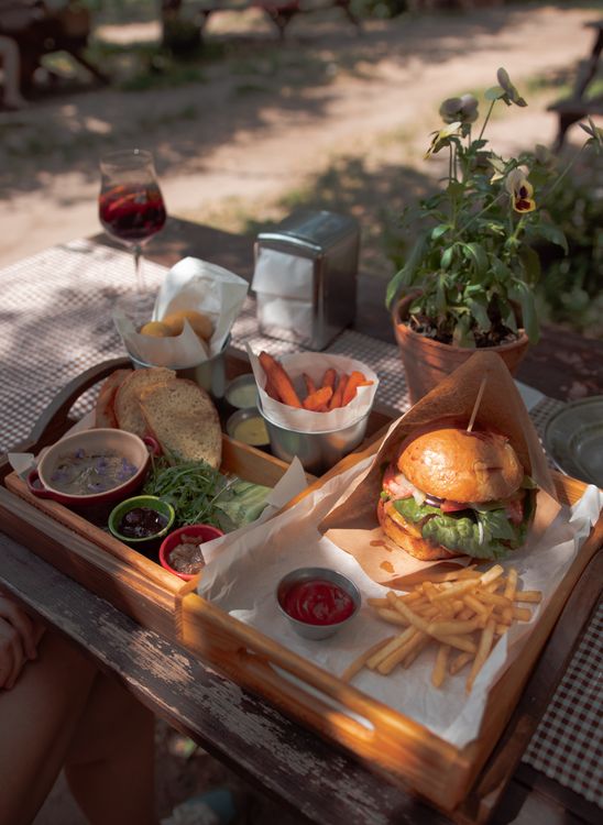 Fast Food Inn One Table Fast Food on a Wooden Table · Free Stock Photo