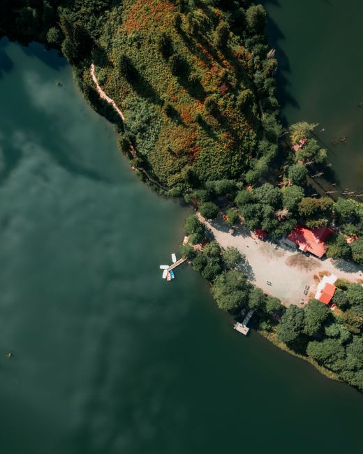 Drone photograph capturing a scenic aerial view of a lakeside area in Borçka, Artvin, Türkiye.