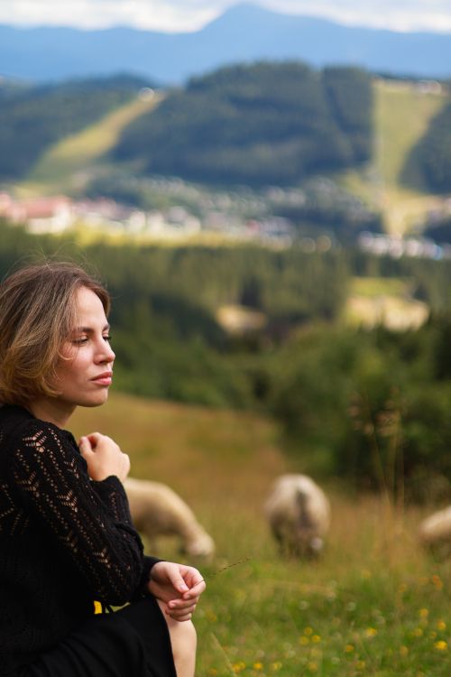 Free A woman in black relaxes in a scenic meadow with grazing sheep and mountain views. Stock Photo