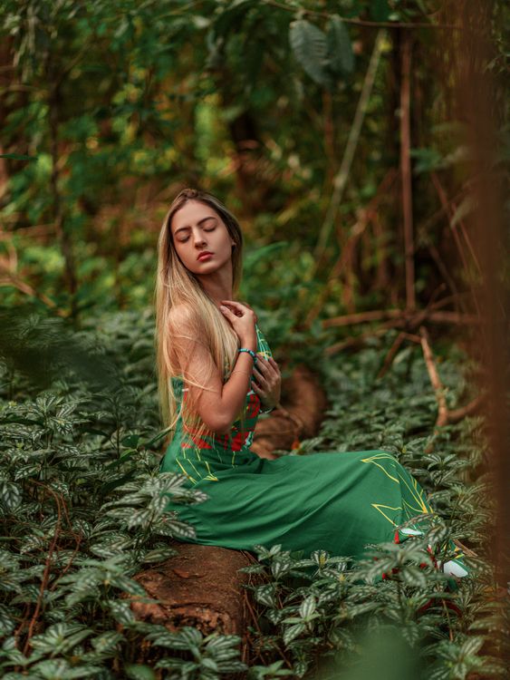 Woman Wearing Green Dress Posing in Forest  Free Stock Photo