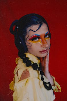Artistic portrait of a woman with vivid makeup against a red background.