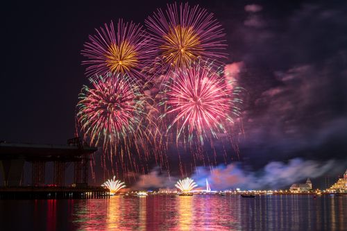 Free Vibrant fireworks display illuminating the night sky over a serene waterfront scene with reflections. Stock Photo