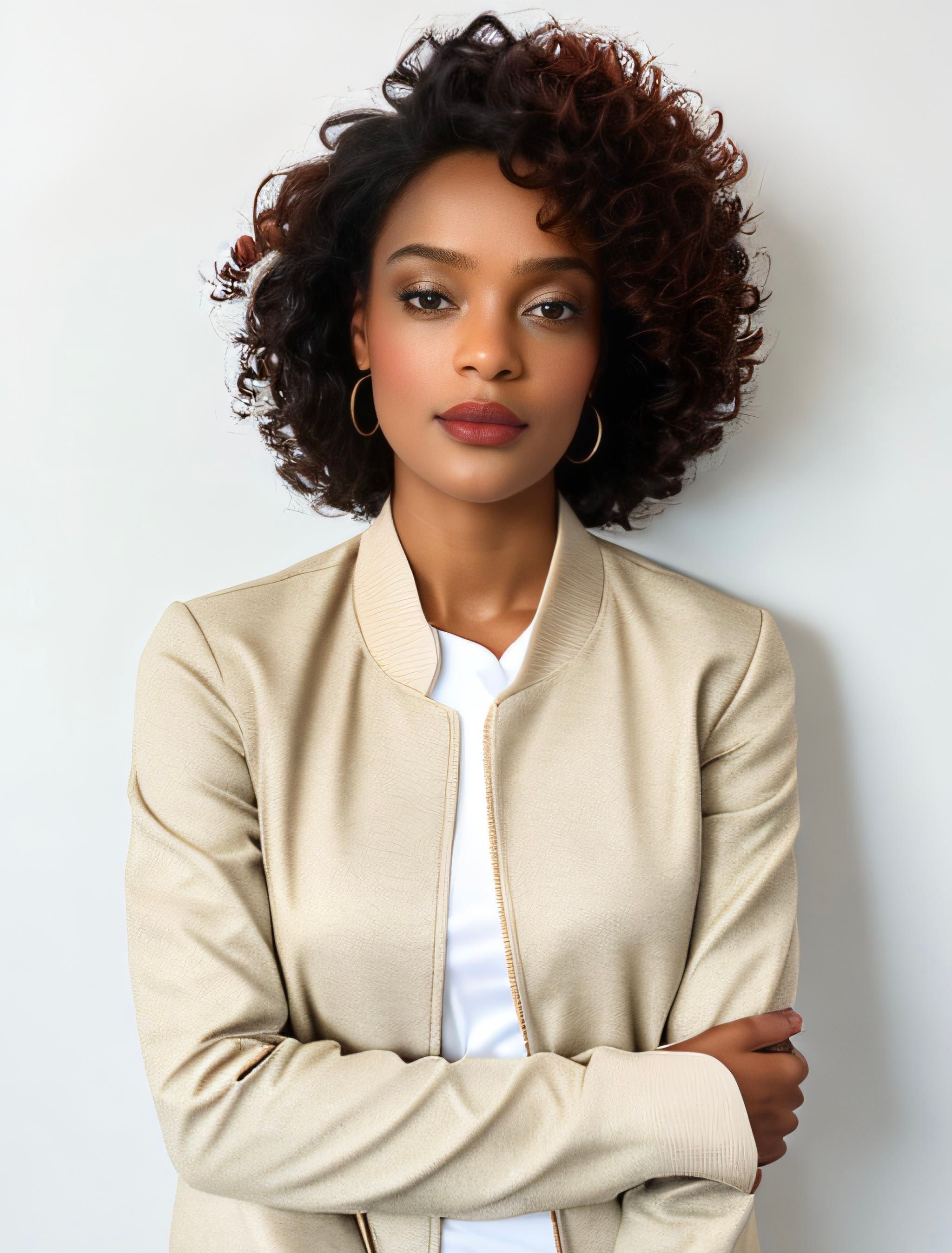 Elegant woman in a studio portrait wearing a beige jacket, embodying confidence and style.