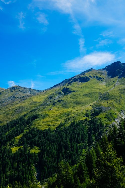 Free Stunning mountain view during summer, featuring grassy slopes and a bright blue sky. Stock Photo
