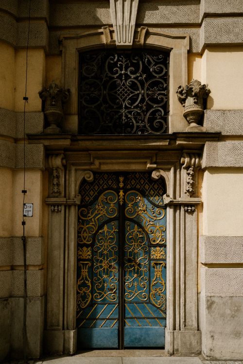 Free Elegant blue and gold door with intricate details on a historic building facade. Stock Photo
