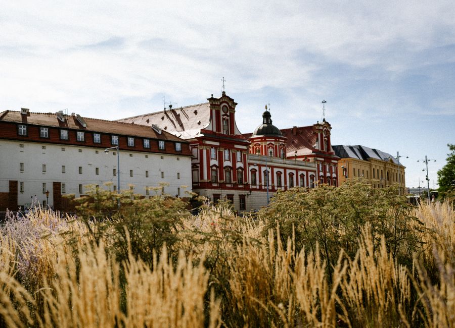A view of the Ossolineum complex in Wroclaw, featuring unique architecture.