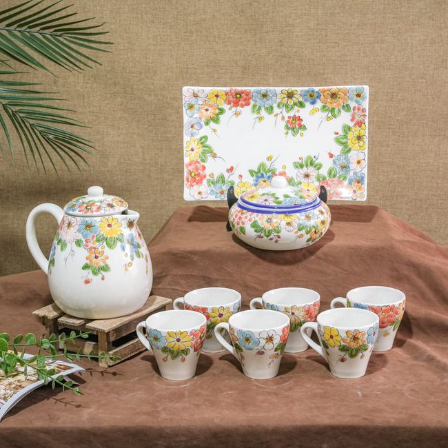 Elegant floral ceramic teapot set with decorated cups and matching plate, perfect for tea parties.