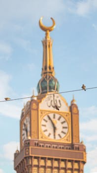 Birds on a wire with the Makkah Clock Royal Tower in the background against a clear sky.