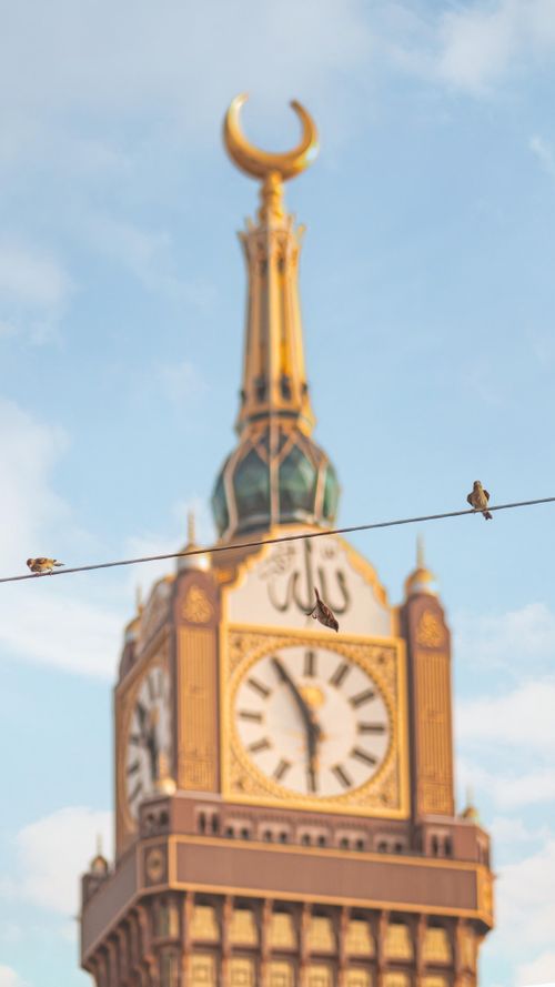 Free Birds on a wire with the Makkah Clock Royal Tower in the background against a clear sky. Stock Photo