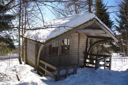 A charming wooden cabin surrounded by snow and trees, capturing the essence of winter tranquility.