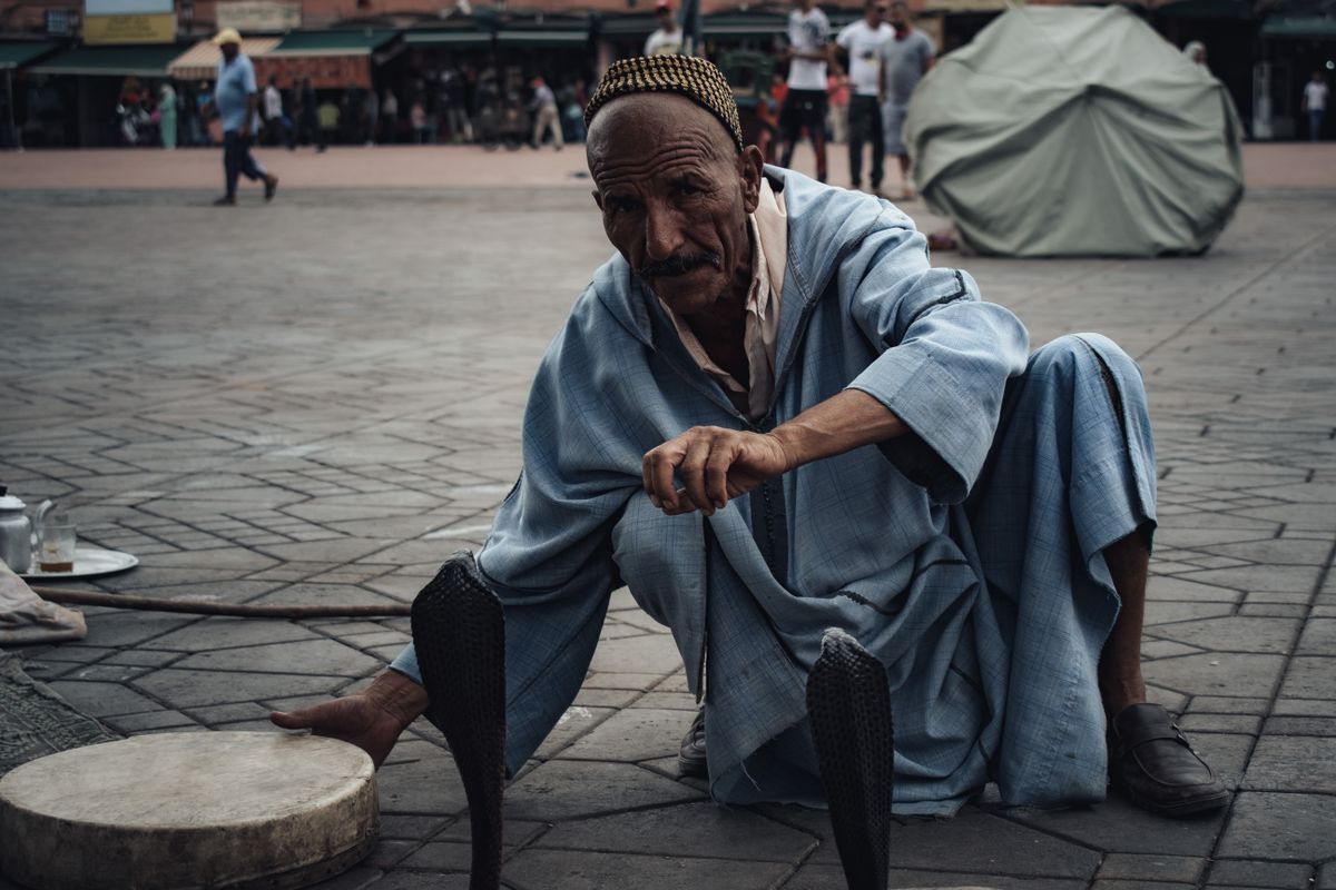 Marrakech - fermecător de șerpi în piața Jemaa el-Fna