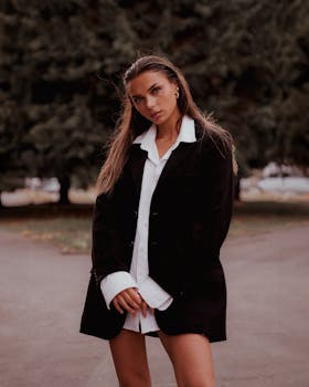 A fashionable woman poses confidently outdoors in casual chic attire, blending elegance with comfort.