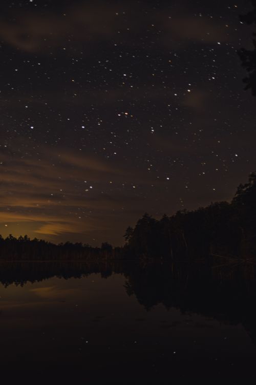 Free Capture of a starry night sky reflecting on a calm lake surrounded by silhouetted trees. Stock Photo