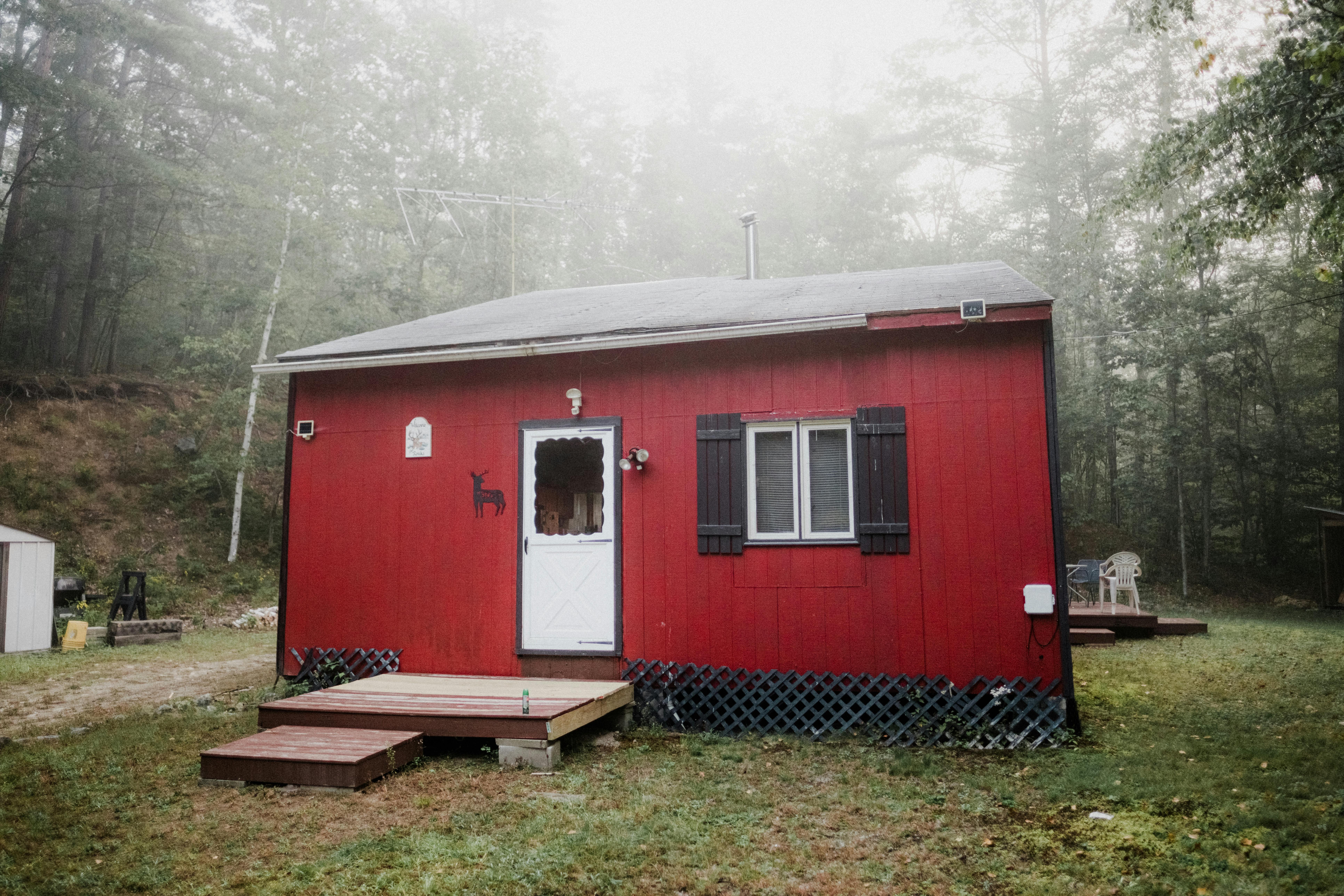 Charming small red cabin amidst a misty forest, offering a serene retreat.