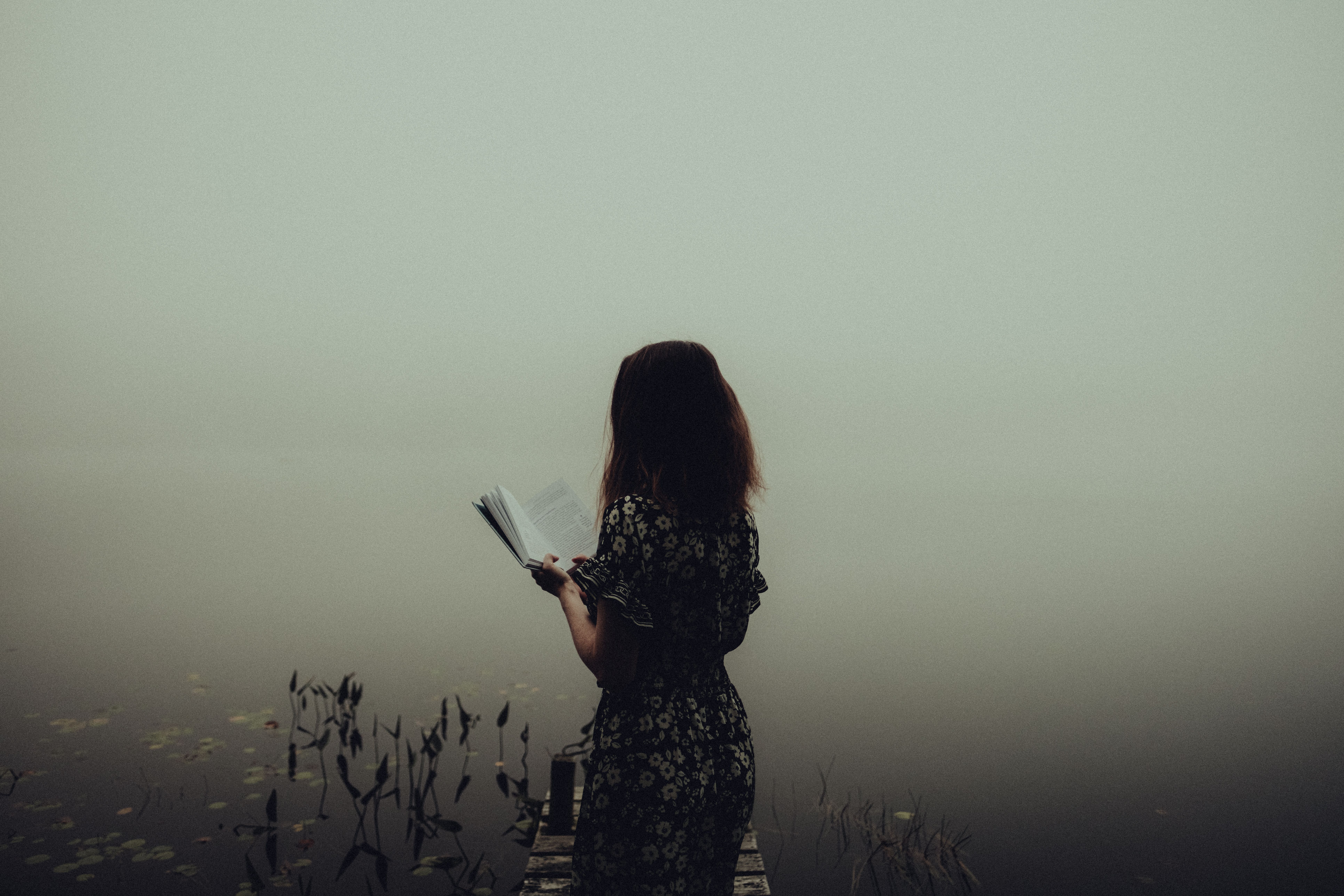 A woman stands on a misty lakeshore reading a book, embracing serenity.
