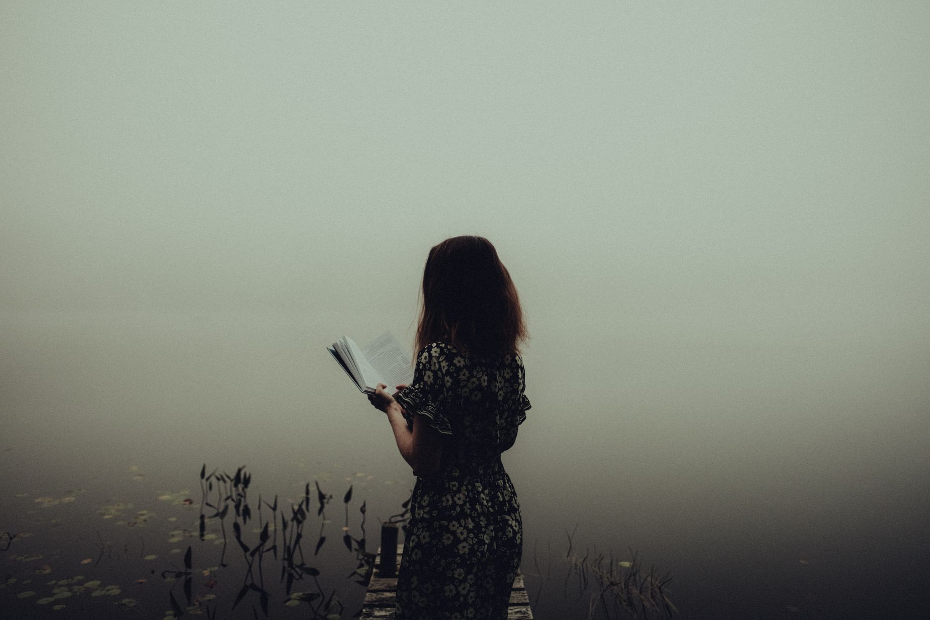 A woman stands on a misty lakeshore reading a book, embracing serenity.