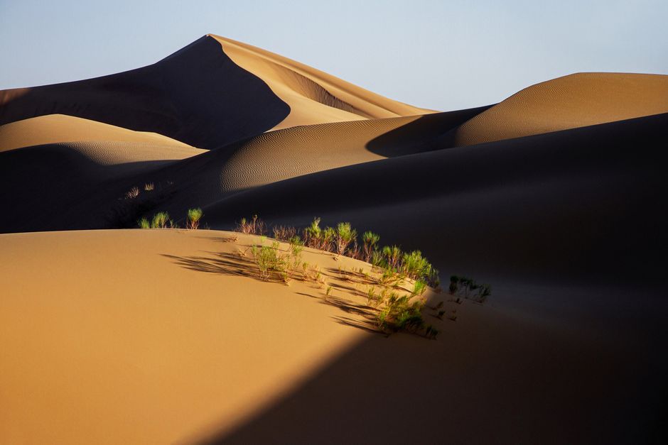 Captivating view of sand dunes in Iran with shadows and sunlight play.