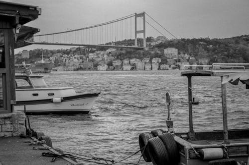 Boats in a Bosporus Bay in Black and White