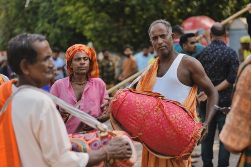 Free Vibrant cultural drum festival in Puri, India featuring traditional attire and percussion instruments. Stock Photo