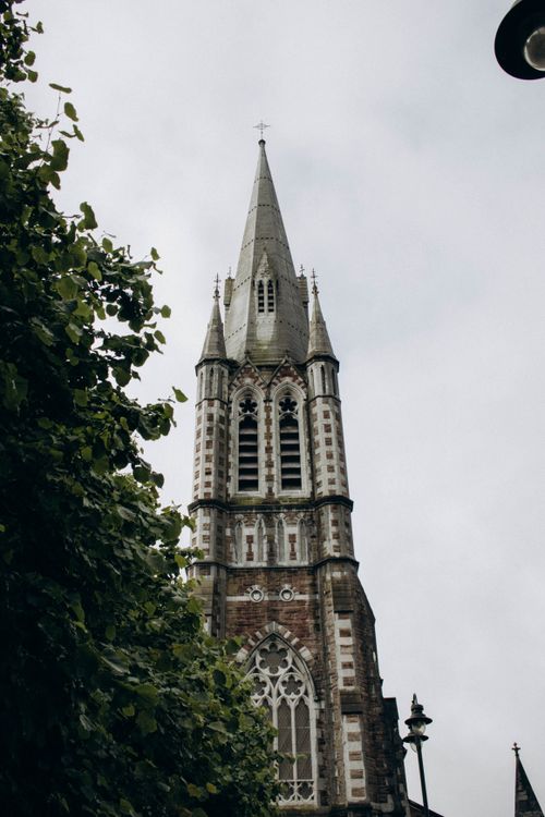 Free A striking view of a Gothic church tower rising amidst lush green foliage under a cloudy sky. Stock Photo