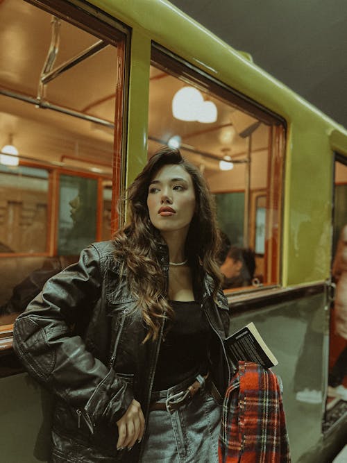 Portrait of a Long-Haired Female Model Wearing a Leather Jacket