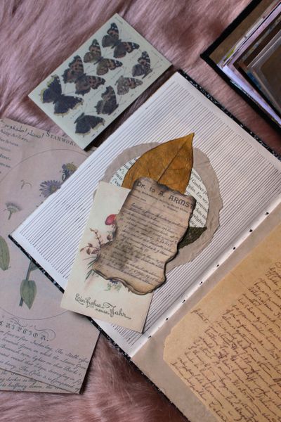 Junk journal flat lay with vintage paper and pressed leaves