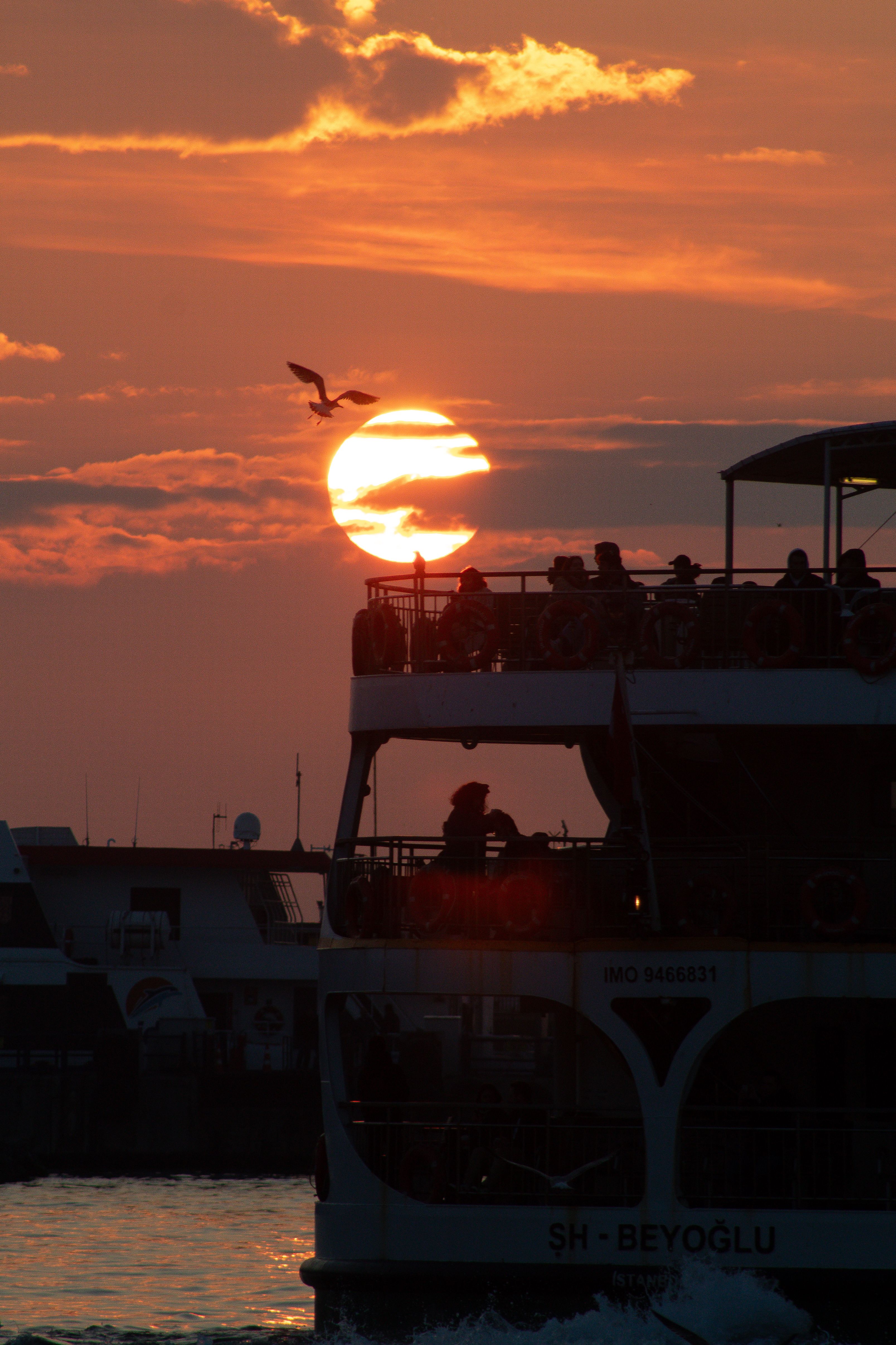 Silhouette of a crowded ferry against a vibrant sunset with a soaring bird overhead, creating a serene travel scene.