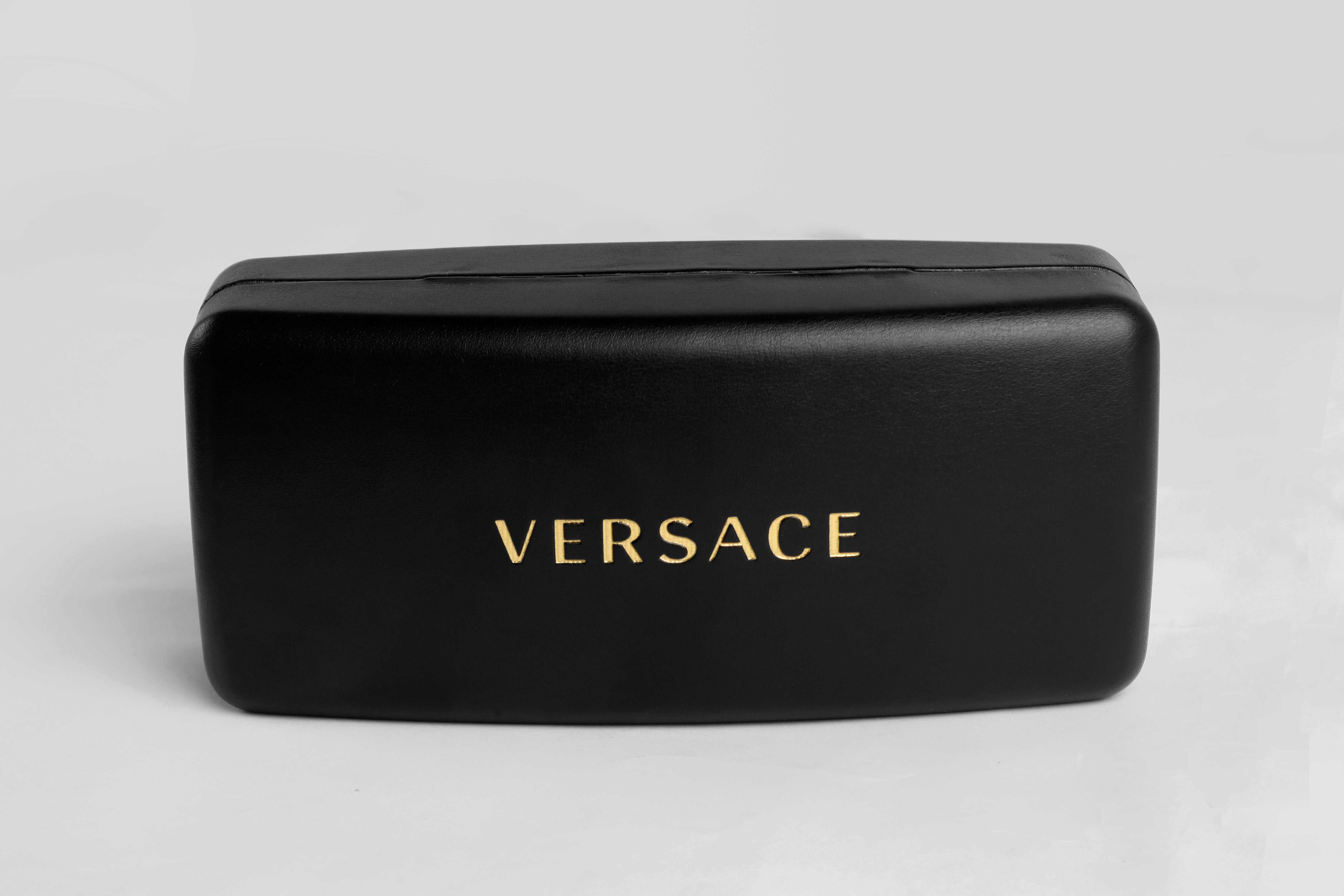Sleek and luxurious black eyeglass case featuring the elegant Versace logo.