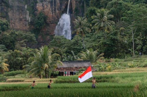 Boys Running with Flag of Indonesia on Rural Field