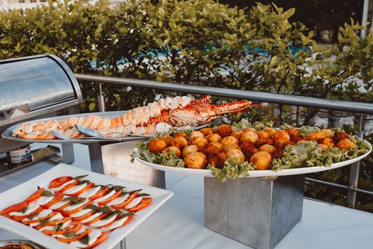 Delicious seafood and gourmet appetizers displayed on an outdoor buffet table.