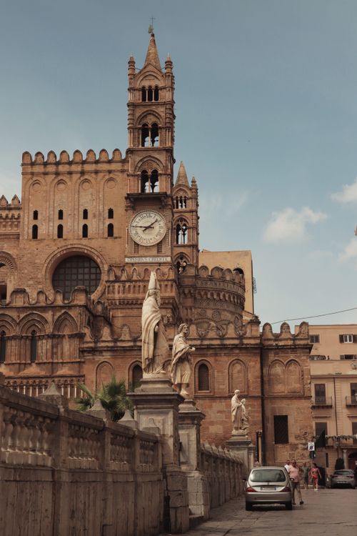 Free Stunning view of Palermo Cathedral's architectural details and towers under sunny skies in Sicily, Italy. Stock Photo