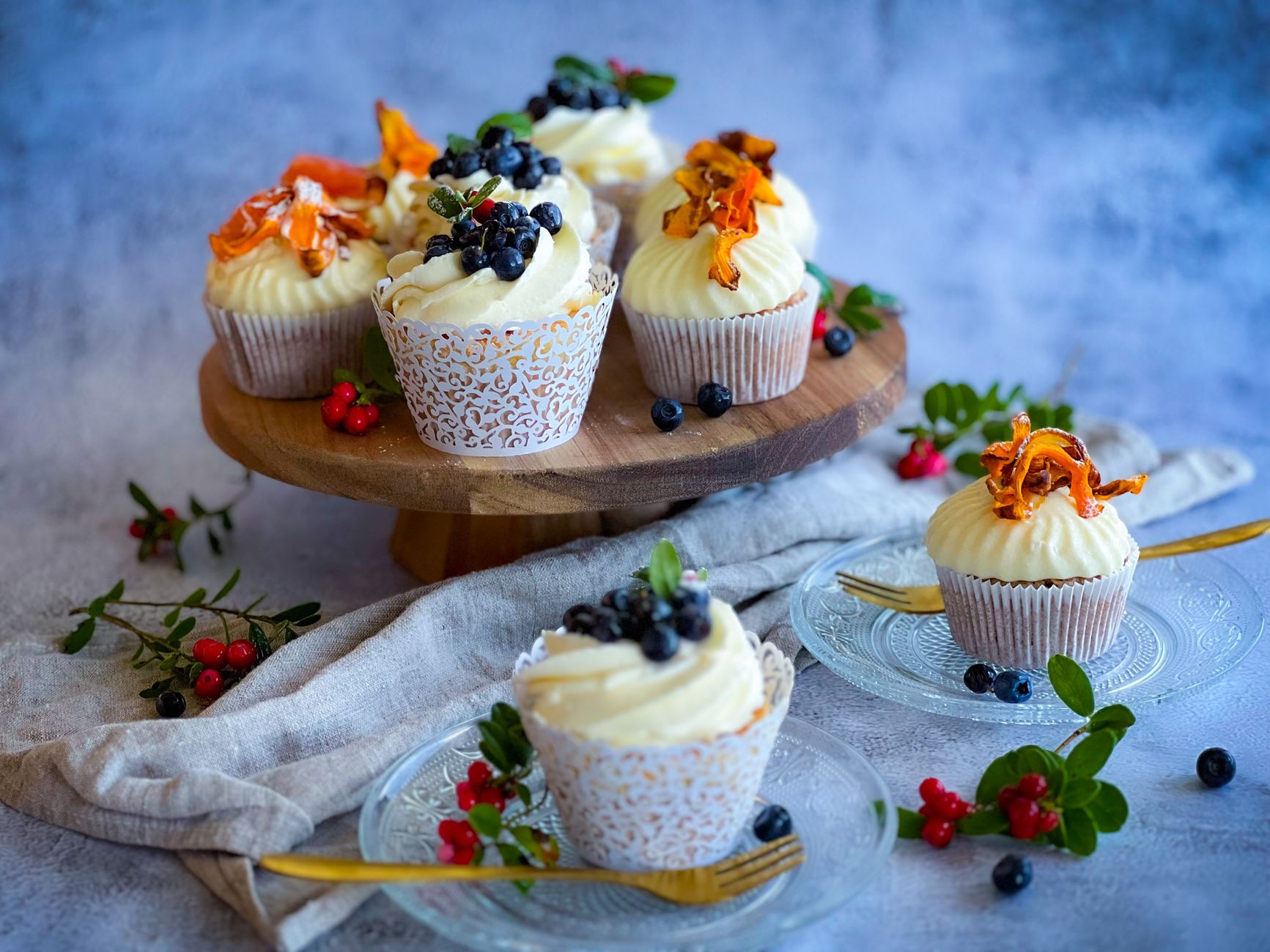 Healthy blueberry cream cheese muffins fresh on a plate, ready to eat