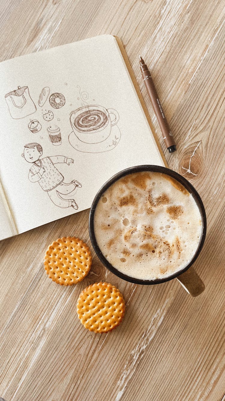 Coffee, Cookies And Drawings In Notebook