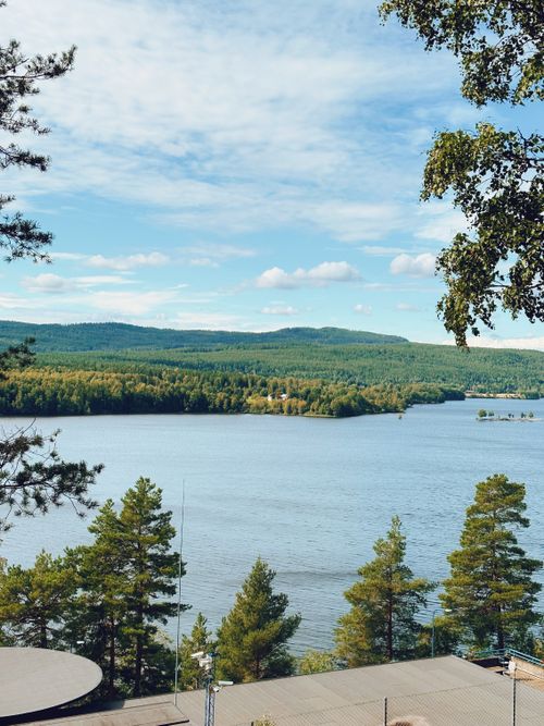 Free Aerial view showcasing Oslo's picturesque forest and serene lake under a clear sky. Stock Photo