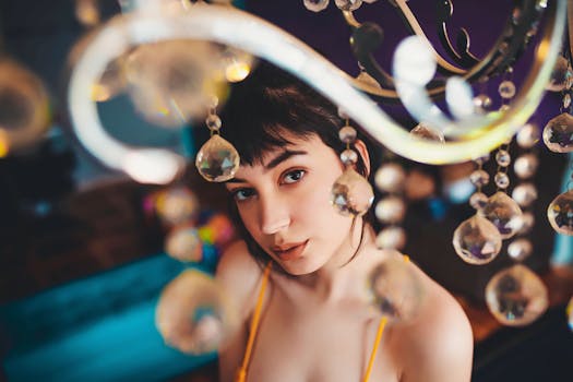 这幅迷人的肖像中，一位女性透过悬挂的水晶凝视，营造出神奇而亲密的氛围