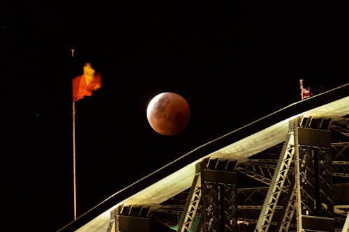 Red Moon Over the Bridge During a Lunar Eclipse