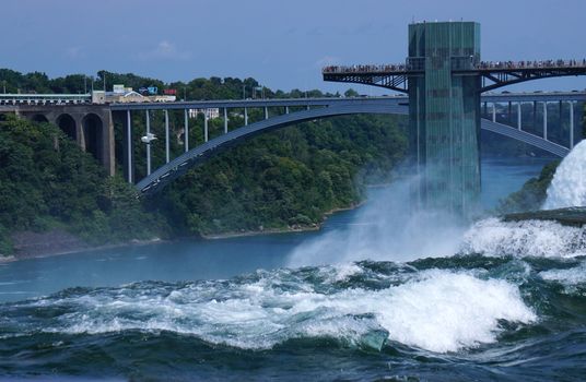 View of Niagara Falls with observation tower and bridge in summer.