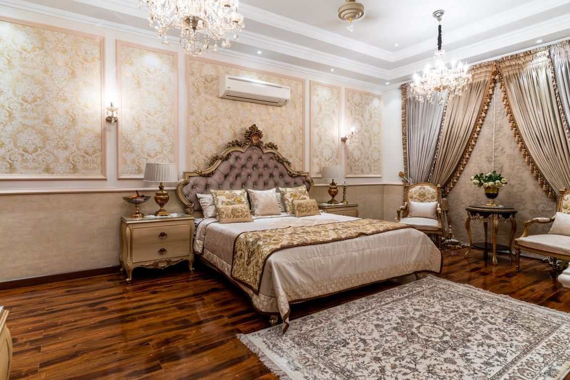 Decorated hotel room with luxury chandelier lighting