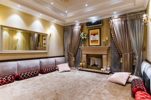 Pillows on Carpet in Decorated Room