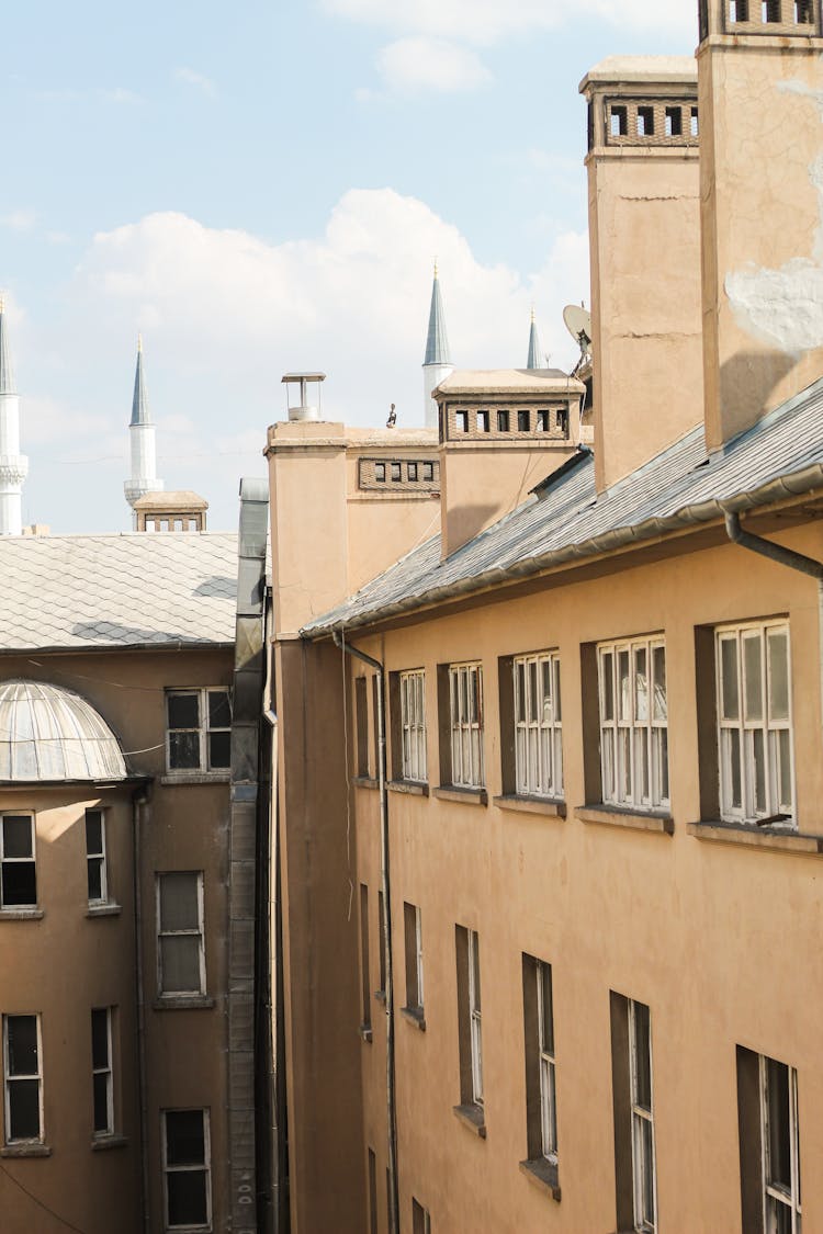 Building Wall With Windows And Chimneys On Roof