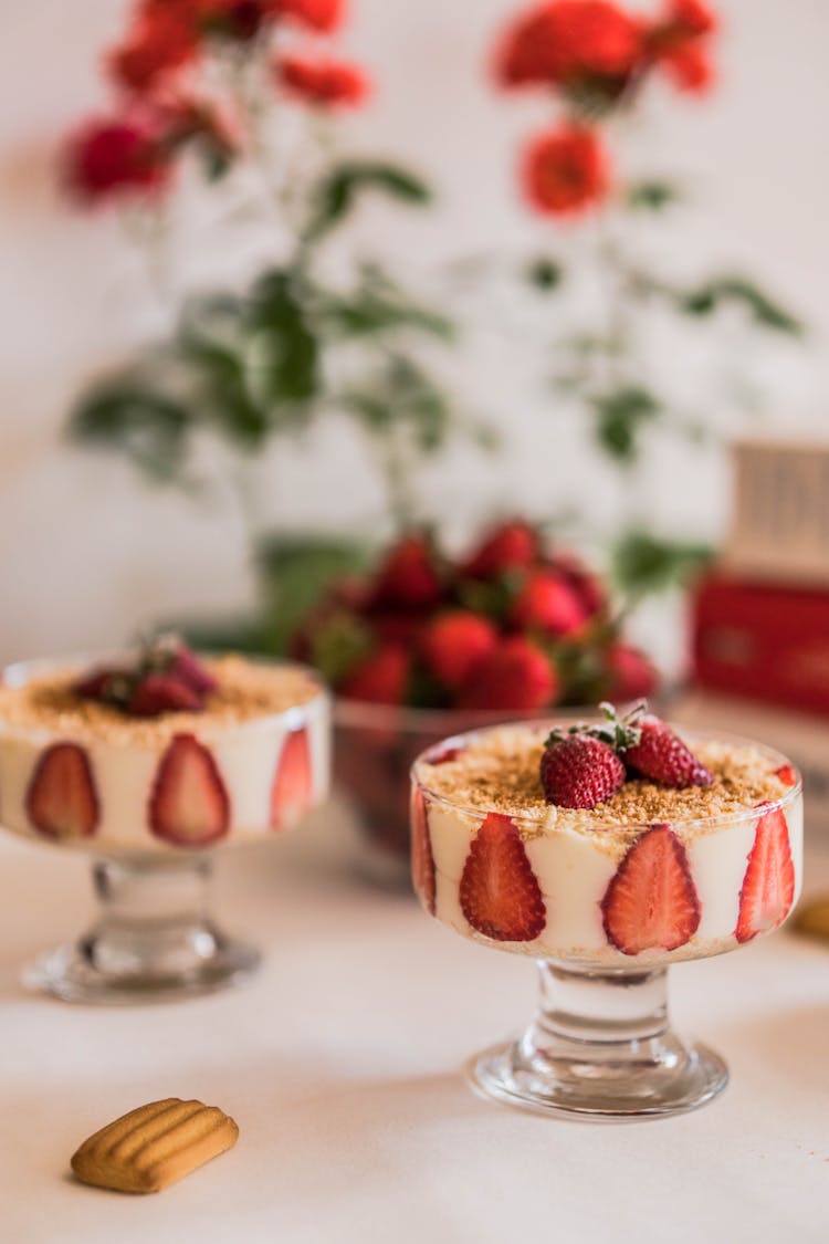 Strawberry Dessert With A Sprinkle Of Crushed Biscuits