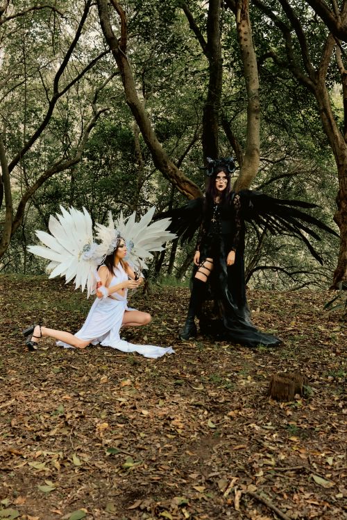 Free Two women in angelic and dark costumes with wings pose in a wooded area. Stock Photo