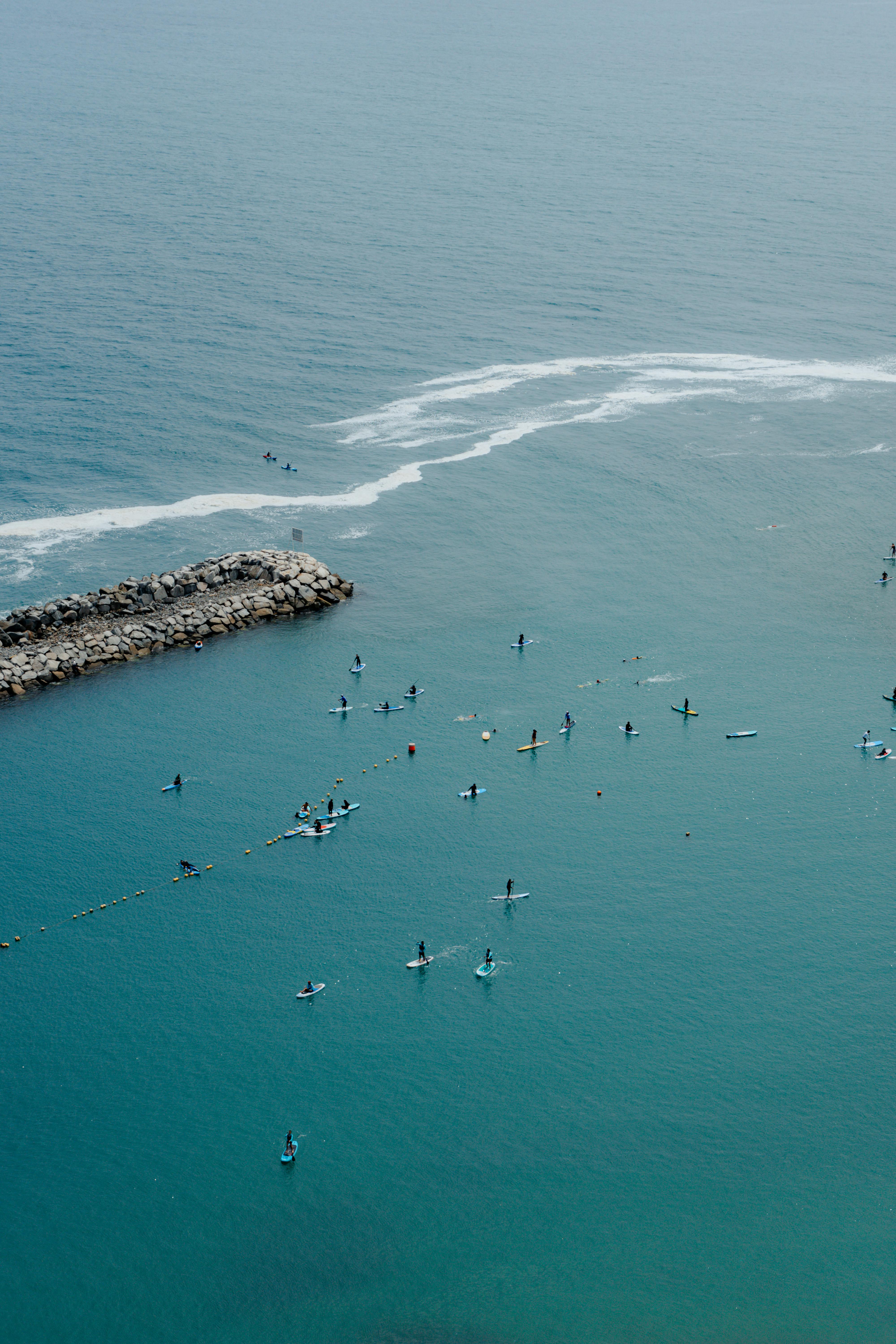 tourists paddleboarding near the breakwater