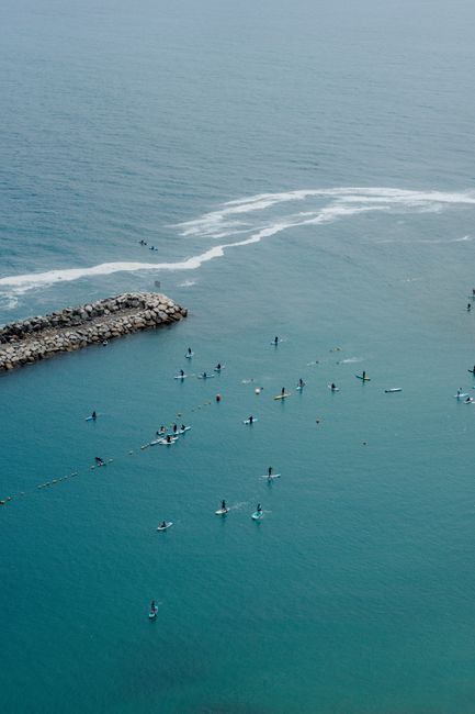 A serene aerial view showcasing paddleboarders enjoying a day by a rocky breakwater.
